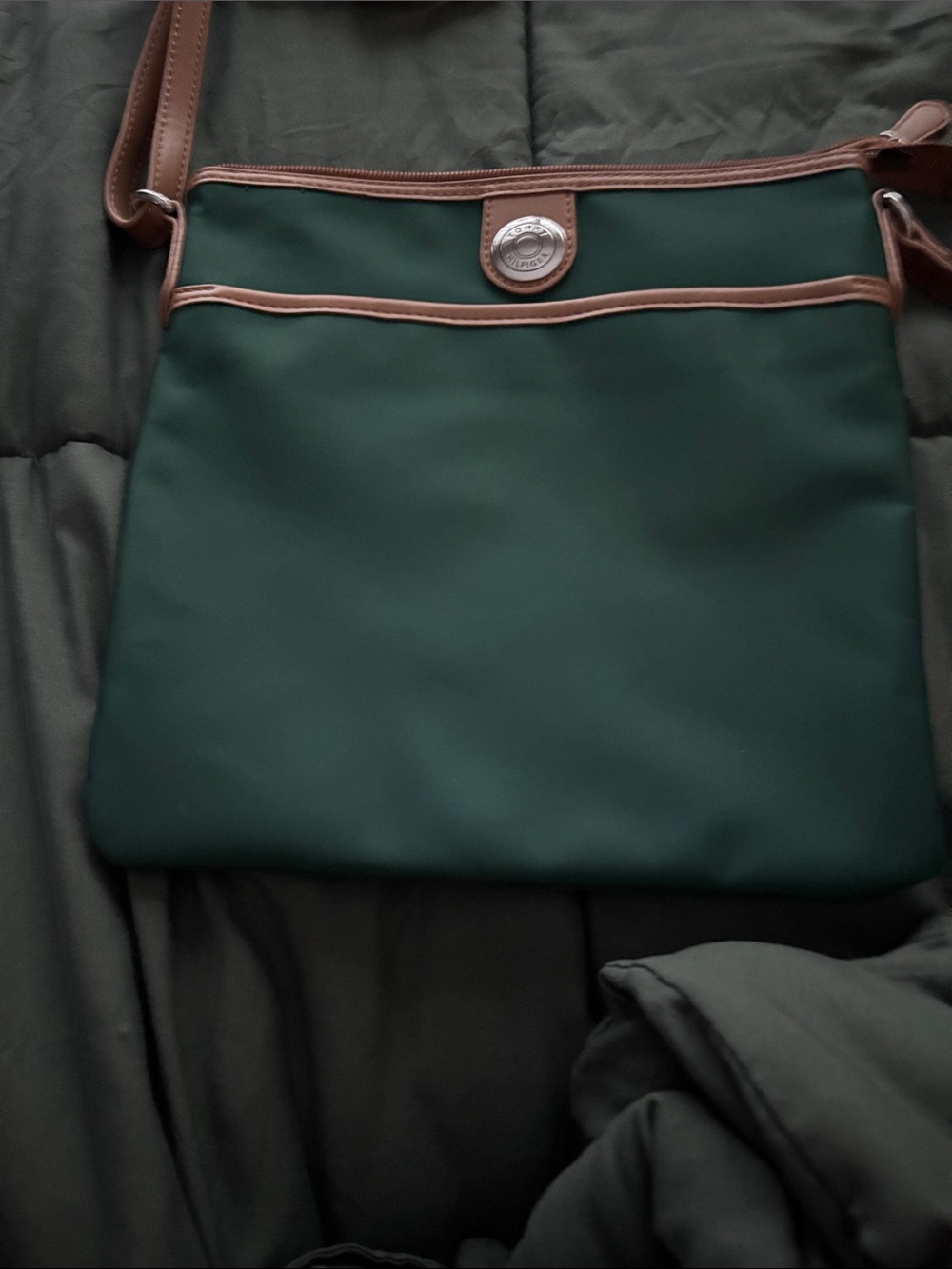 Green Crossbody Bag with Brown Trim - Casual shoulder bag.